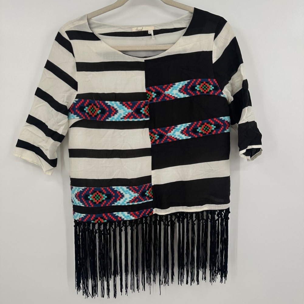 Floreat Blouse Top Women XSP Black White Embroidered Fringed Latitude Round Neck